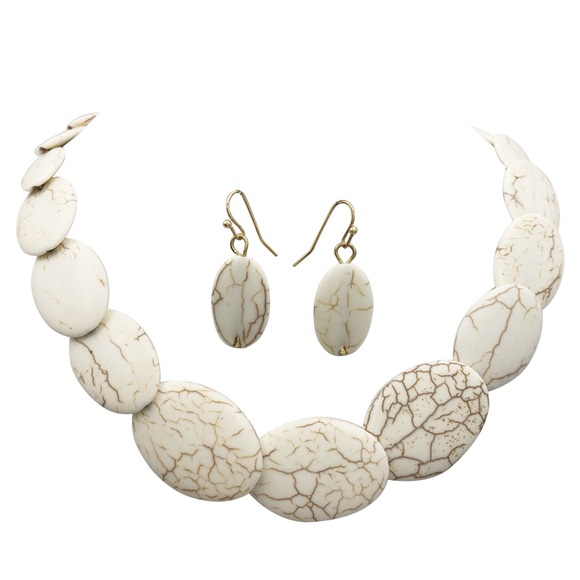 Ivory Cream Stone Oval Disk Necklace Earrings Set - Picture 1 of 3